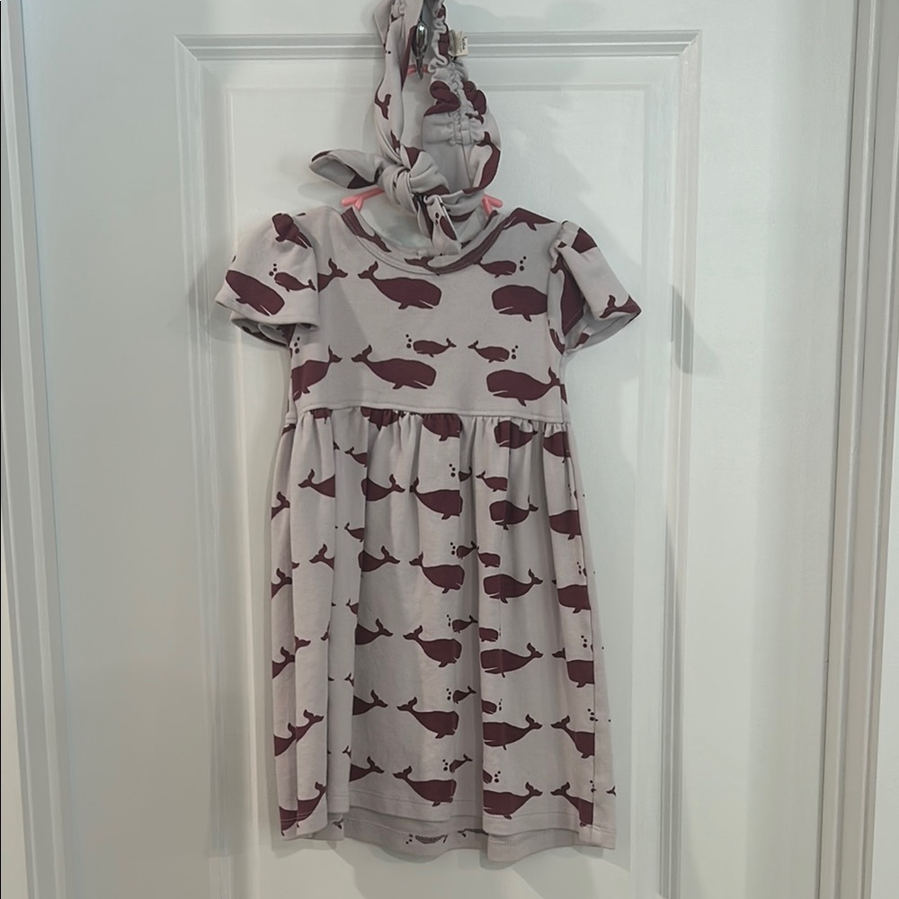 Kate Quinn Whale Print Dress 4t with XL Headband